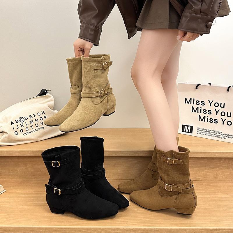Retro Pointed Short Boots Women's Autumn New Sleeve Thick Heel Medium Boots Slim Western Cowboy Boots