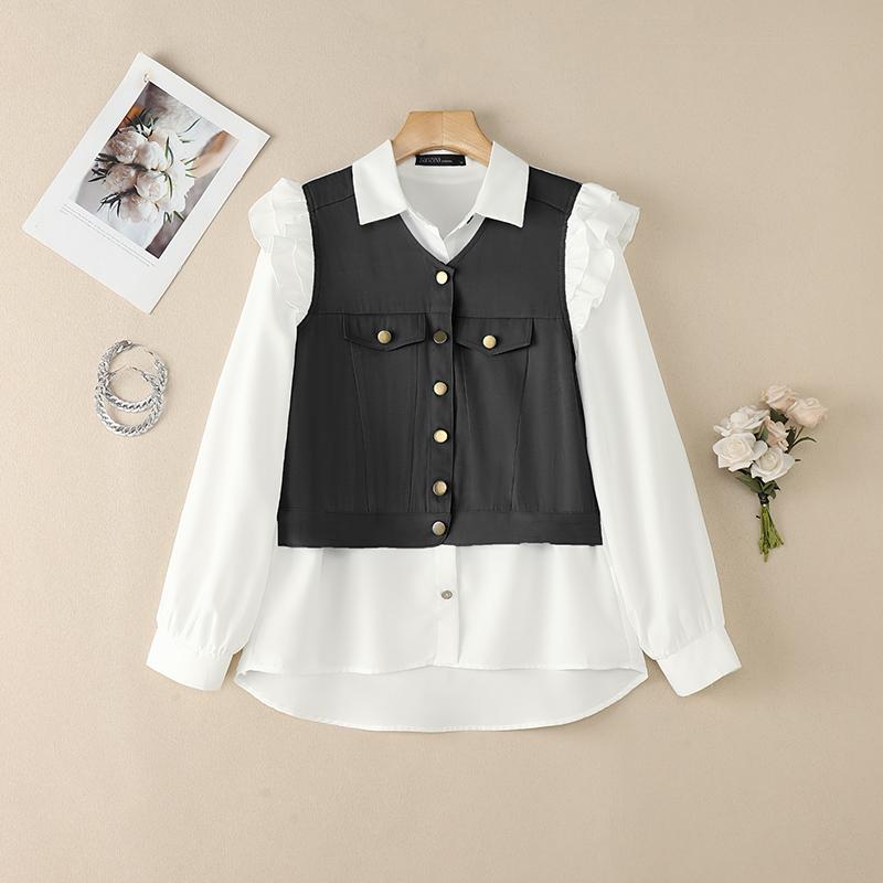 ZANZEA Blouse Patchwork Ample Décontractée à Manches Longues pour Femmes