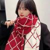 Red Winter Scarf for Women Korean-Inspired Versatile Warm Knitted Wool Neckwear High-End Plaid Student Scarf
