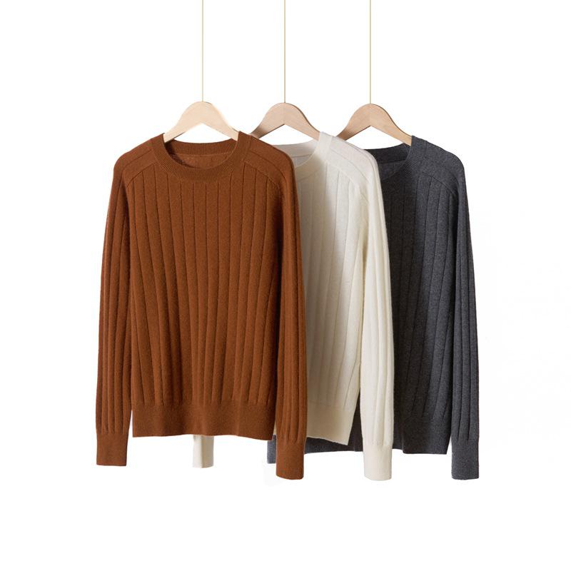 Women's Pure Cashmere Ribbed Knit Pullover - Autumn/Winter Round Neck Base Layer