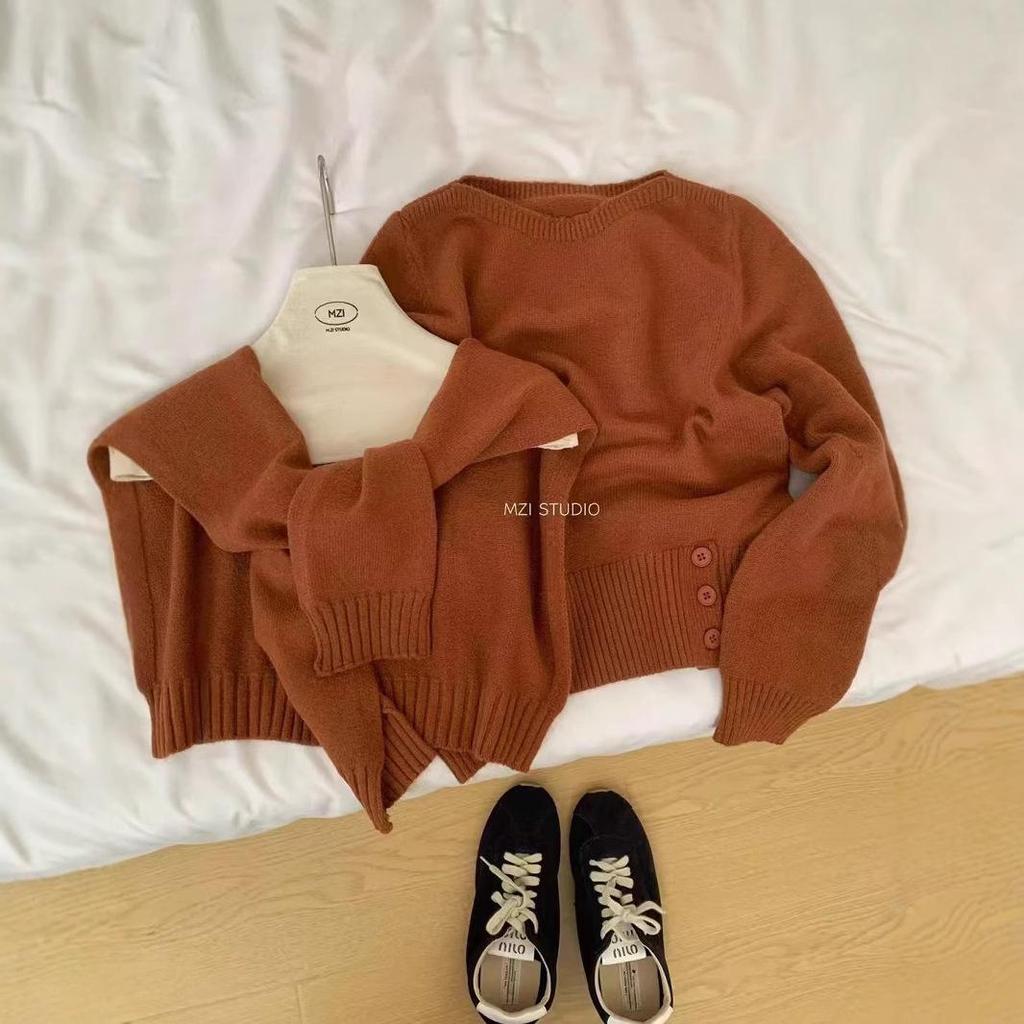 Korean Chic Waist-Cinched Loose Slimming Sweater with Shawl, Long Sleeve Knit Top for Autumn/Winter