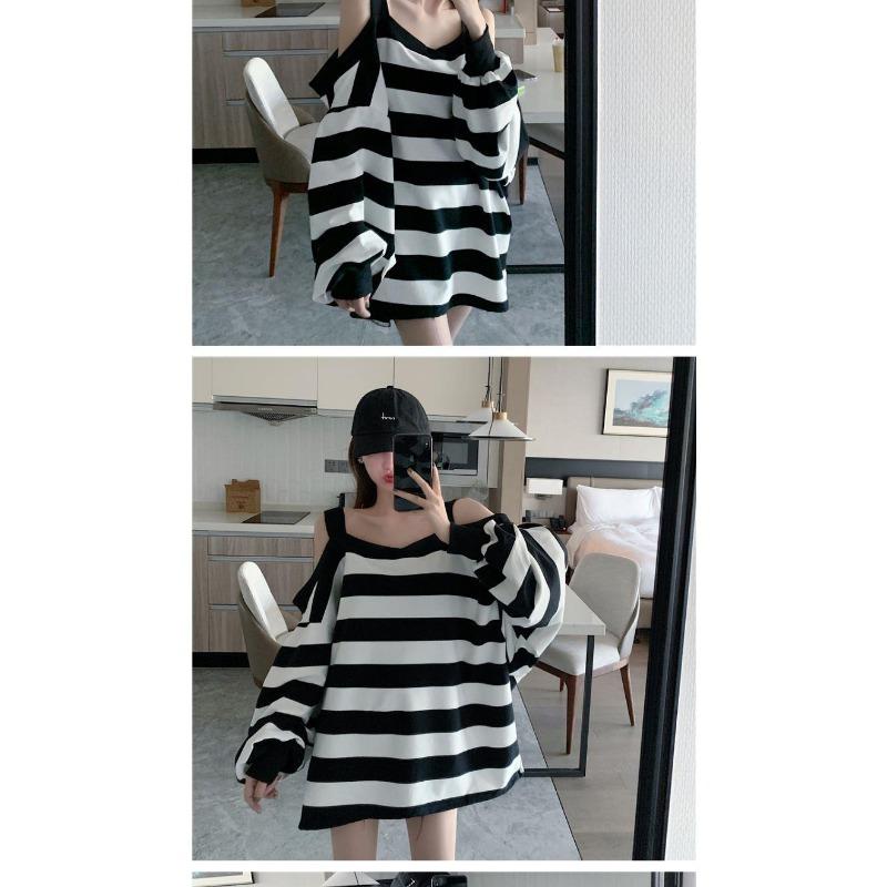Women Plus Size Loose Striped Off Shoulder Hoodie Early Autumn Casual Ins Style