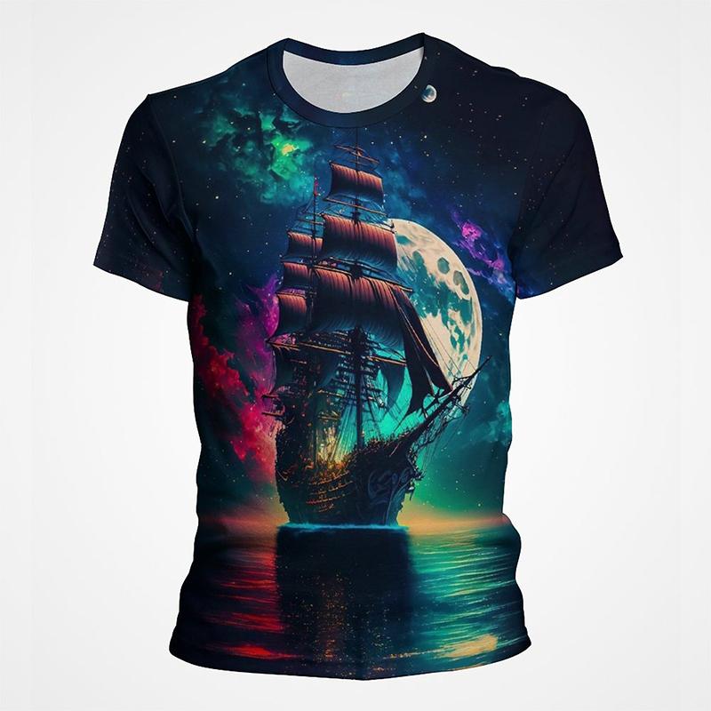 Segelboot Piratenschiff Grafik T-Shirts Herren 3D-Druck Kurzarm Tee Tops Lässig Herren Übergröße Streetwear T-Shirt Ropa Hombre