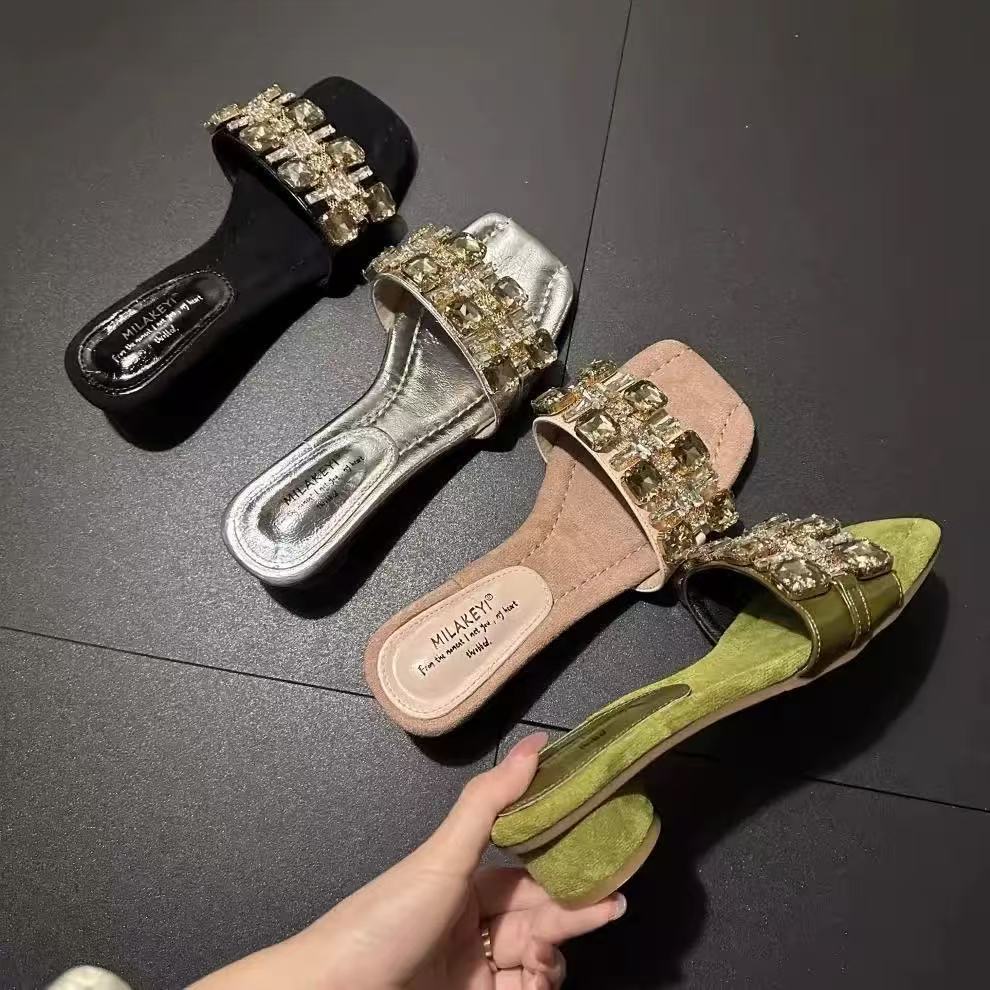 Slippers women's new French rhinestone square head thick heel open toe in the summer of 2025 wear versatile high-heeled sandals