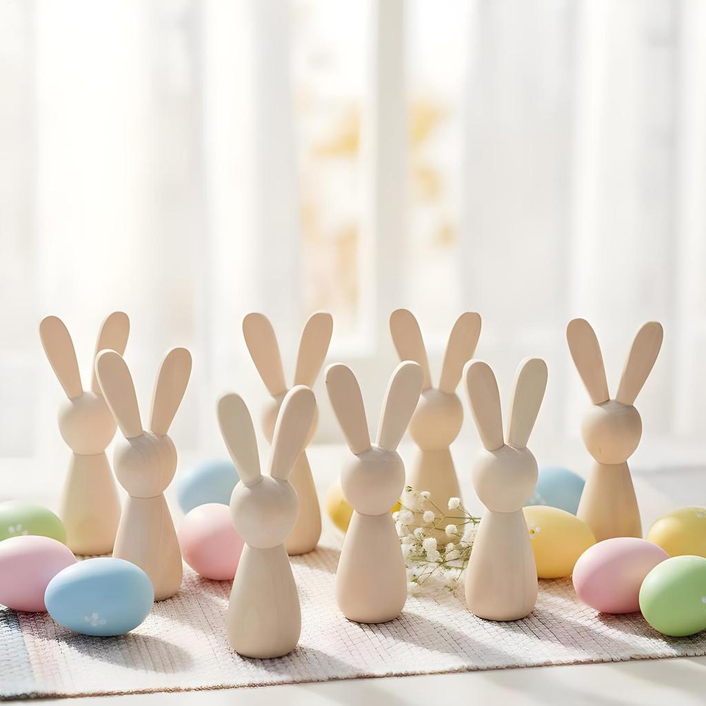 10pcs Wooden Bunny Peg Dolls Bunny Figurines Blank Natural Wood Peg Easter Rabbit Statue DIY Painting Natural Wood Bunny Doll
