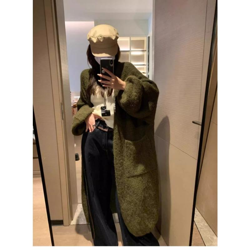 

Мягкий восковой высококлассный ленивый ветер средней длины вязаный кардиган женский осенне-зимний утолщенный свободный свитер куртка пальто One size зелёный