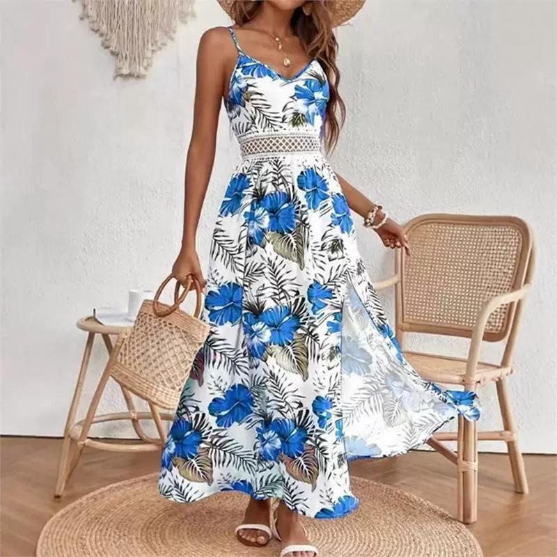 Women Summer V-Neck Elegant Print Resort Style Dress Slip Long Dress
