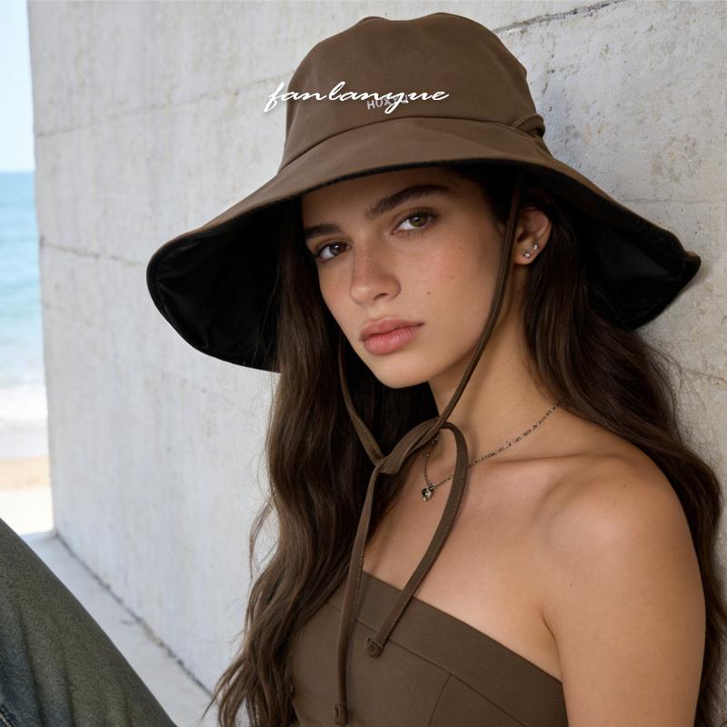

1pc Drawstring Brim Bucket Hats for Women,Summer Lightweight Adjustable Chin Rope Frayed Design Fishermen Hats for Travel Beach One Size коричневый
