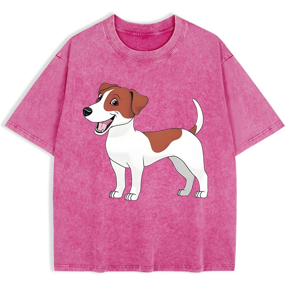 Russell Terrier Puppy Printing Washed T-Shirts Mens Cotton Short Sleeve Tops Street O-Neck Oversize T Shirt Clothes