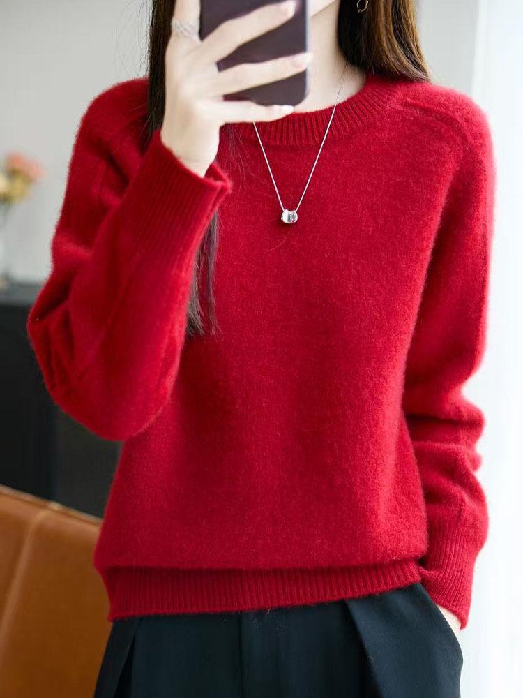 Women's Autumn Winter Thickened Wool Sweater - Round Neck, Simple, Loose Fit, Flaw-Covering, Slimming, Cross-Border Style.