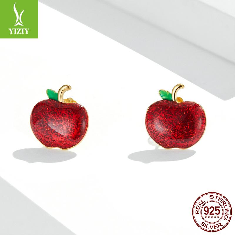 Yinziyun Christmas Apple Red Drip Oil Stud Earrings, Women’s European/American Holiday, S925 Silver.