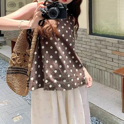 Western-style Age-reducing Coffee-colored Polka-dot Sleeveless Top Suit for Women, Summer Exquisite Shirt, Hollow Wide-leg Pants Two-piece Set