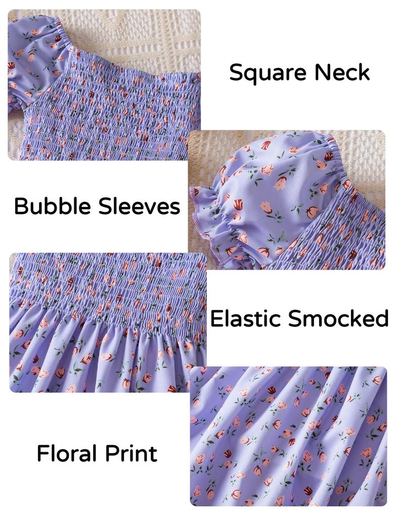 Maeau Short Sleeve Floral Square Puff Princess Perfect for School or Size 3Y Girls' Dress, Print, Neck, Sleeves, Style, Stylish, Casual, Kindergarten,