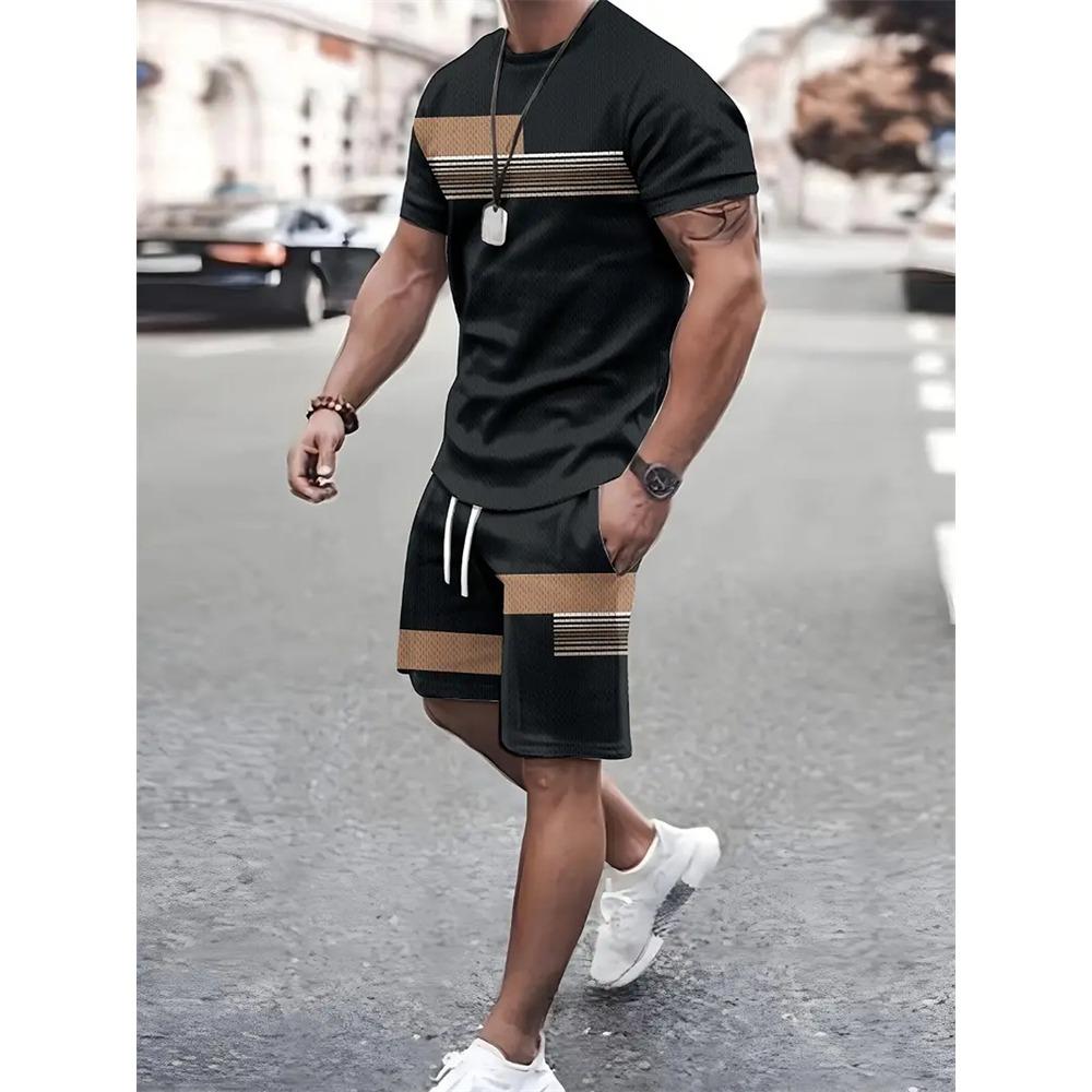 Summer Fashion Men's Patch Printed Short Sleeved Shorts Set, Outdoor Sports Breathable Short Sleeved Elastic Drawstring Shorts