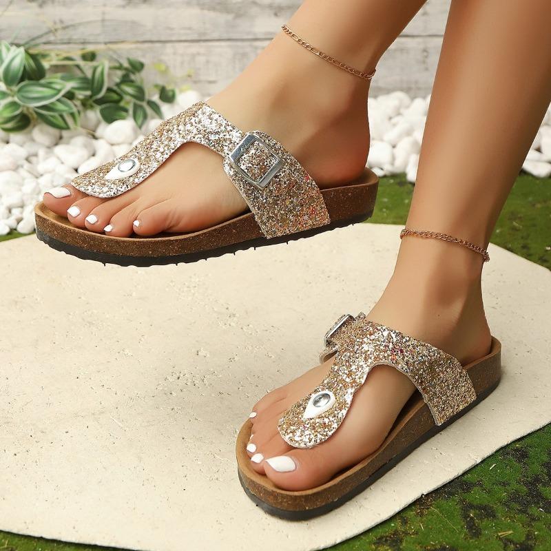 

Модные женские шлепанцы-вьетнамки больших размеров 2025 лето, повседневные сандалии на низком каблуке с блестящей пряжкой и круглым носком для улицы, пляжа, на каждый день 44 золотой