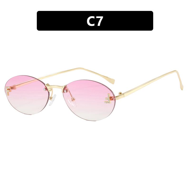 Letter F Frameless Trim Sunglasses Oval Retro Small FrameTrendy Holiday Travelling Sunglasses Women Fashion Metal Sunglasses