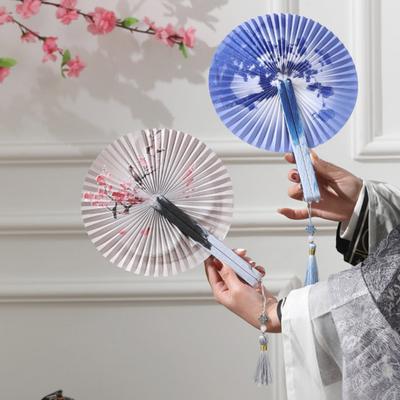Runder Faltfächer im chinesischen Stil mit Quasten, Blumenmuster, Handfächer aus Papier, tragbarer Sommer-Handfächer, Tanzaufführung, Foto-Requisiten, Dekoration
