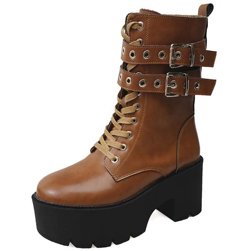 

Осенние женские ботинки панк-стиля на платформе до середины икры, на толстой подошве, кожаные мотоциклетные ботинки с массивной металлической пряжкой, короткие ботинки, большой размер 43 36 коричневый