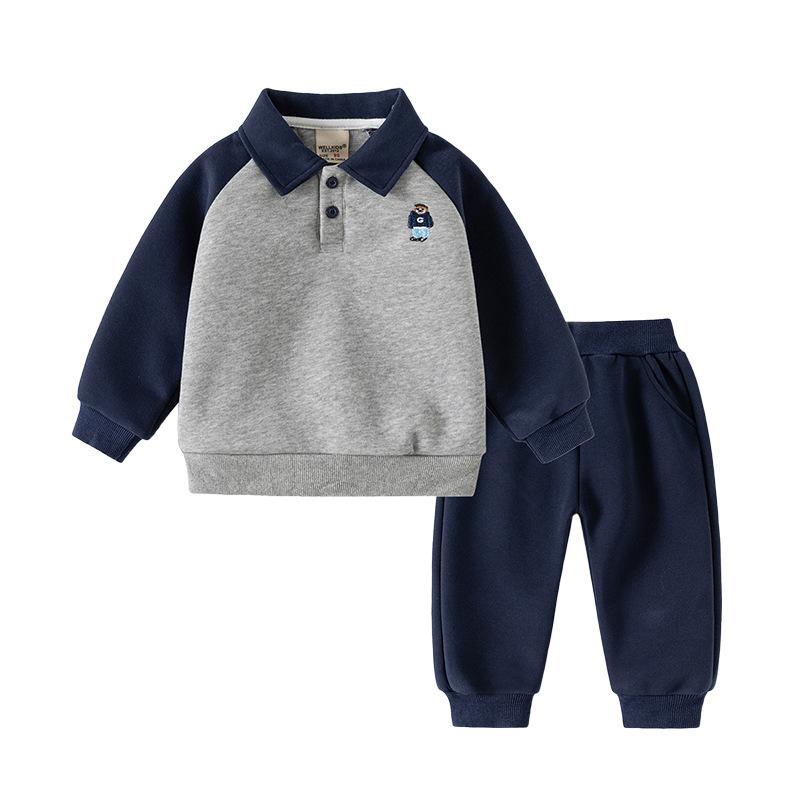 Boys Polo Collar Sweatshirt Set Two Piece Outfit Casual Spring Clothing for Kids