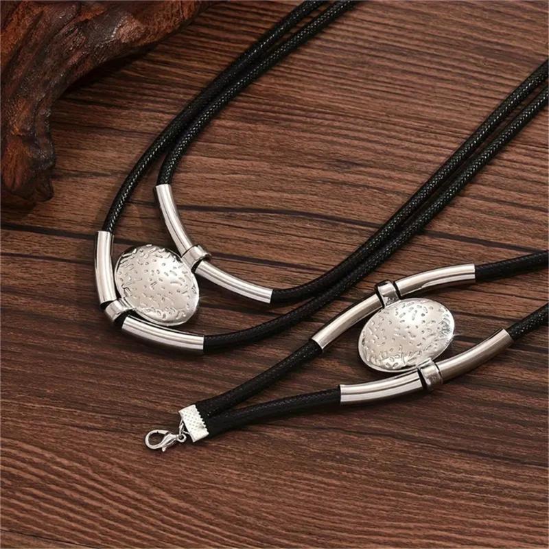 Bohemian Necklace Bracelet Set Vintage Multi Layer PU Leather Rope and Oval Metal Pendant Jewelry Accessories for Women
