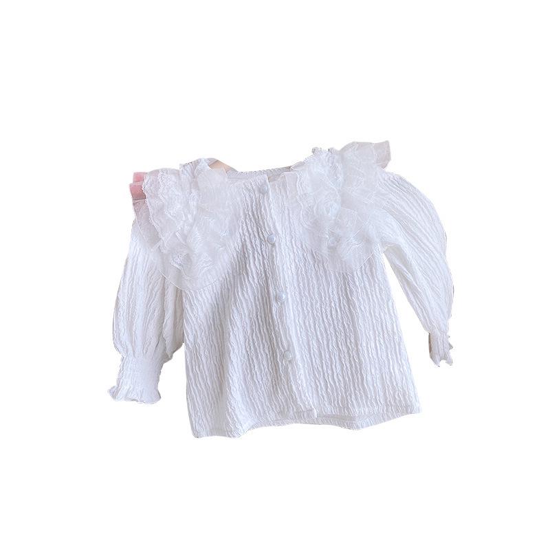 Spring Lace Trim Girls' Long Sleeve Shirt - Turn-Down Collar