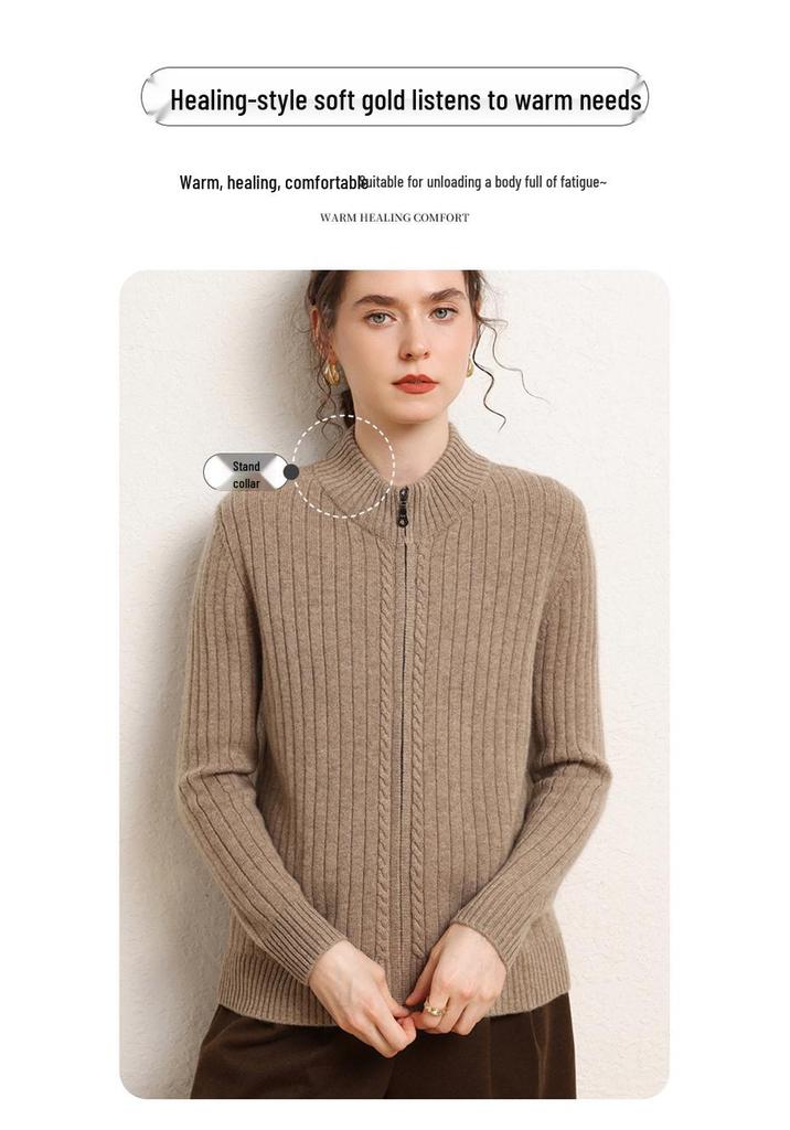 Women's Cashmere Stand Collar Zipper Cardigan - Double-Ply Thick Knit for Autumn/Winter