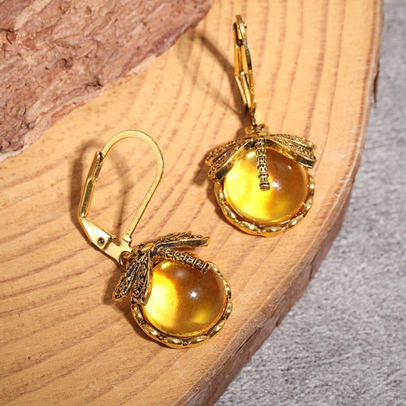 Vintage Bronze Dragonfly Earrings Fashion Gold Color Metal Carving Pattern Inlaid Multicolour Moonstone Drop Earrings For Women