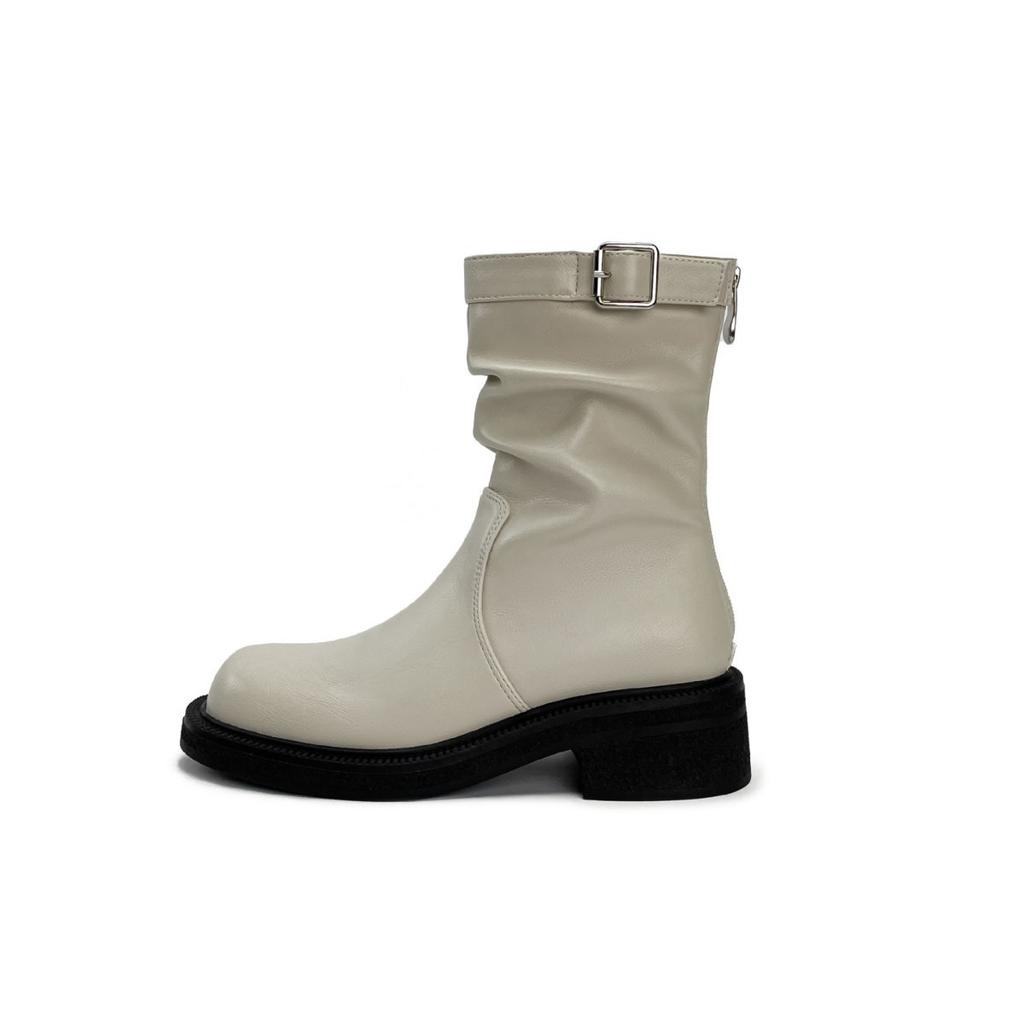 2025 autumn boots women's versatile apricot gentle short tube belt buckle short boots thick heel pile boots