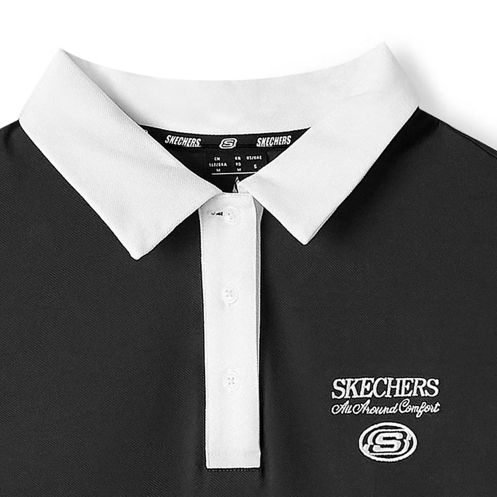 Skechers Sport Lifestyle Serie Logo Buchstabe Bequemer Polokragen Kurzarm Kleid Damenkleider Karbon-Schwarz L225W120-0018