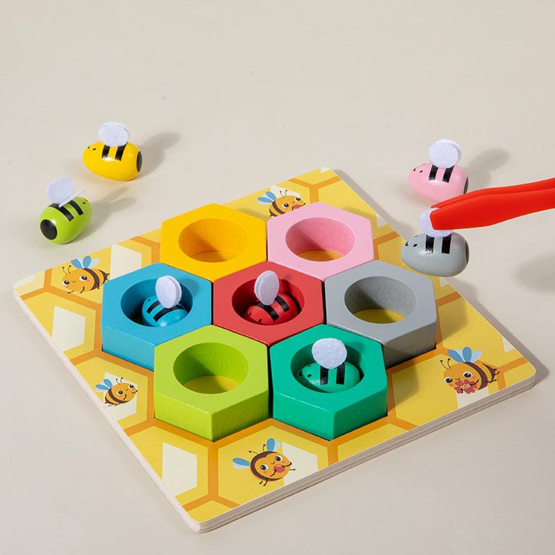 Clip Beads Color Cognition Bee Trap Game Montessori Wooden Toys for Early Education Bee House Fine Motor Training Teaching Aids
