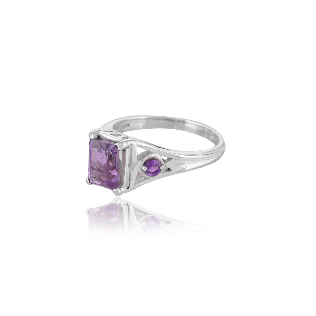 Natural Amethyst Ring in 925 Sterling Silver - Emerald-Cut Purple Gemstone - Art Deco Style Filigree Jewelry - February Birthstone Gift