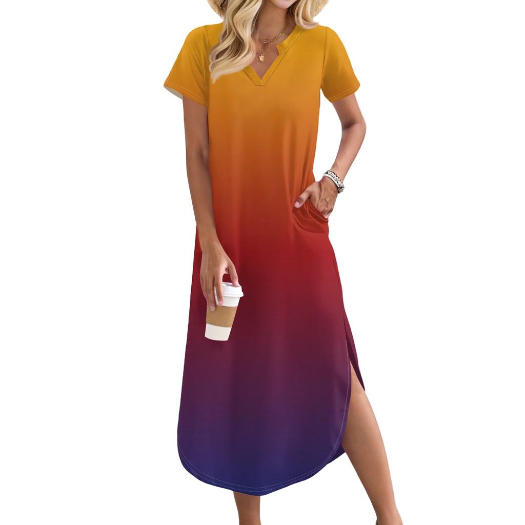 Women's Long Skirt Casual V-neck Long Shirt Dress Loose Slit Holiday Short Sleeve Dress