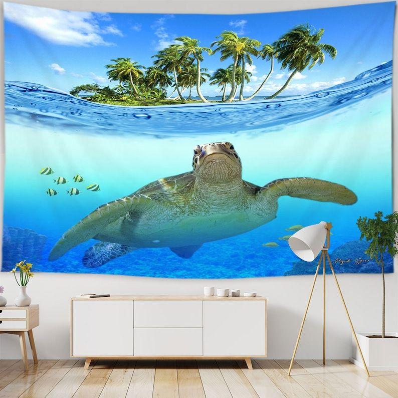 Tapestry sea turtle tropical island underwater 75x100 чёрный