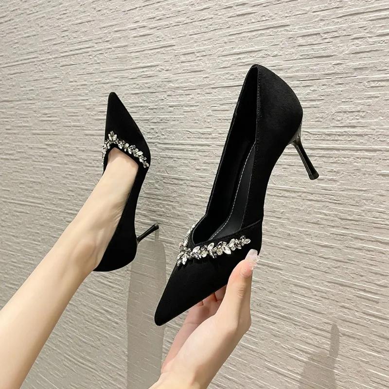 Fashion New Sequined Rhinestone Wedding Shoes Women High-heeled Shoes Black Thin Heels Sexy Pumps Female Bride Footwear Big Size 42