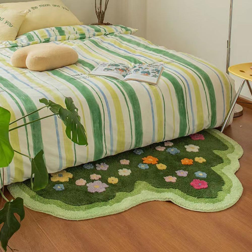 Flower Tufted Carpet Cool Non-slip Bedroom Bedside Floor Mat Dirt-resistant Sofa Blanket