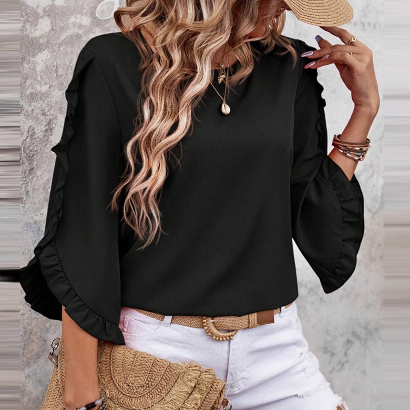 Women s Fashion New Round Neck Lace Irregular Seven Quarter Sleeve Top M чёрный
