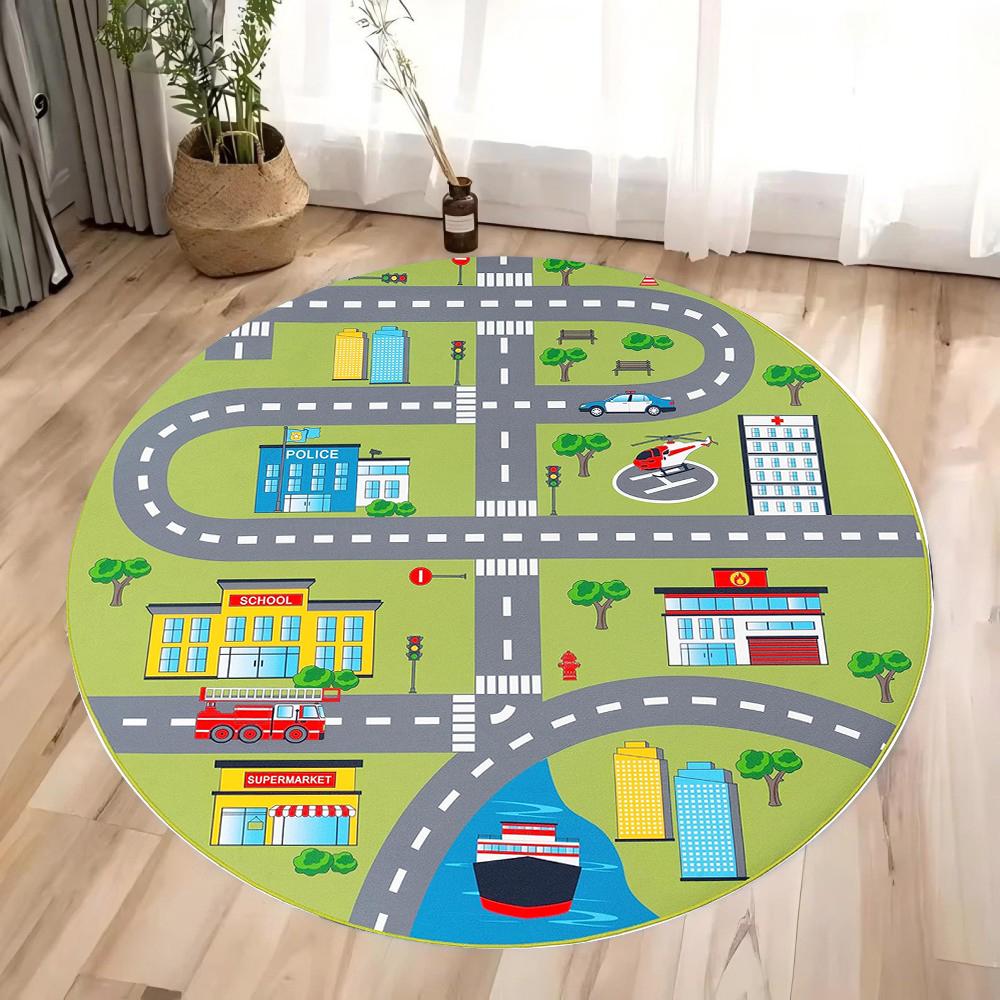 

Traffic Road Kids Play Round Rug Educational Theme Children s Crawling Floormat Absorbent Soft Home Decor Carpet 60cmx60cm