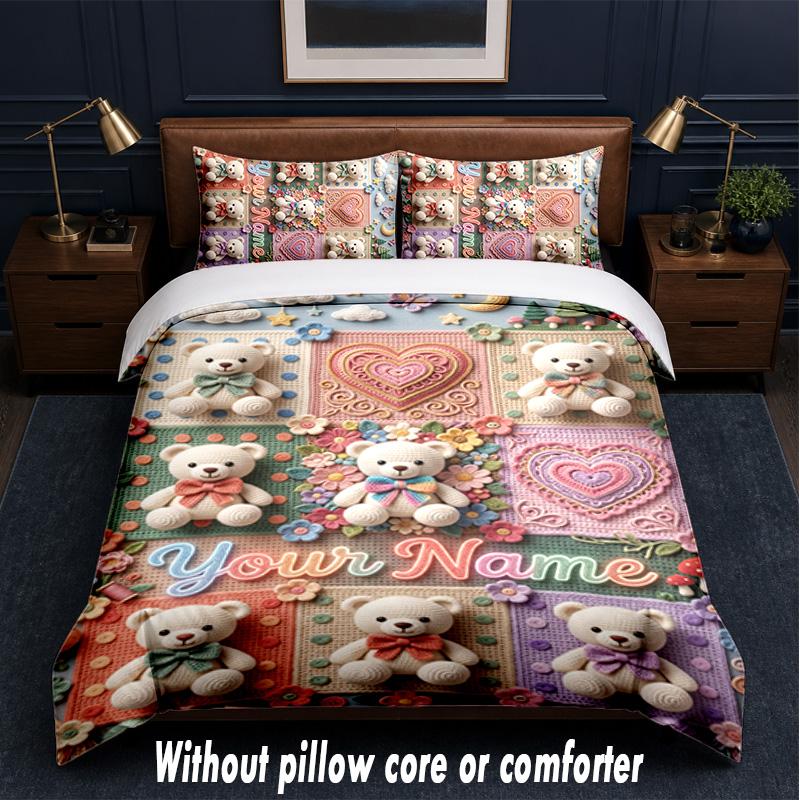 Set Biancheria da Letto a Tema Orsacchiotto con Testo o Nome Personalizzato, 3 Pezzi, 1 Lenzuolo Sotto con Angoli & 2 Federe, Biancheria da Letto Personalizzata per la Casa