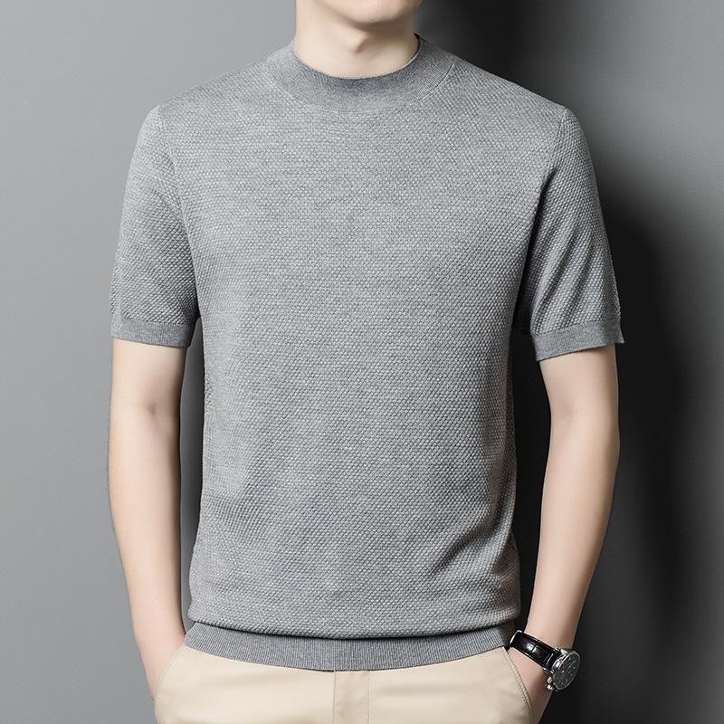 Men's Semi-turtleneck Short-sleeved Sweater Solid Color Casual Knitwear Trend Middle-aged Thin Woolen Pullover Base