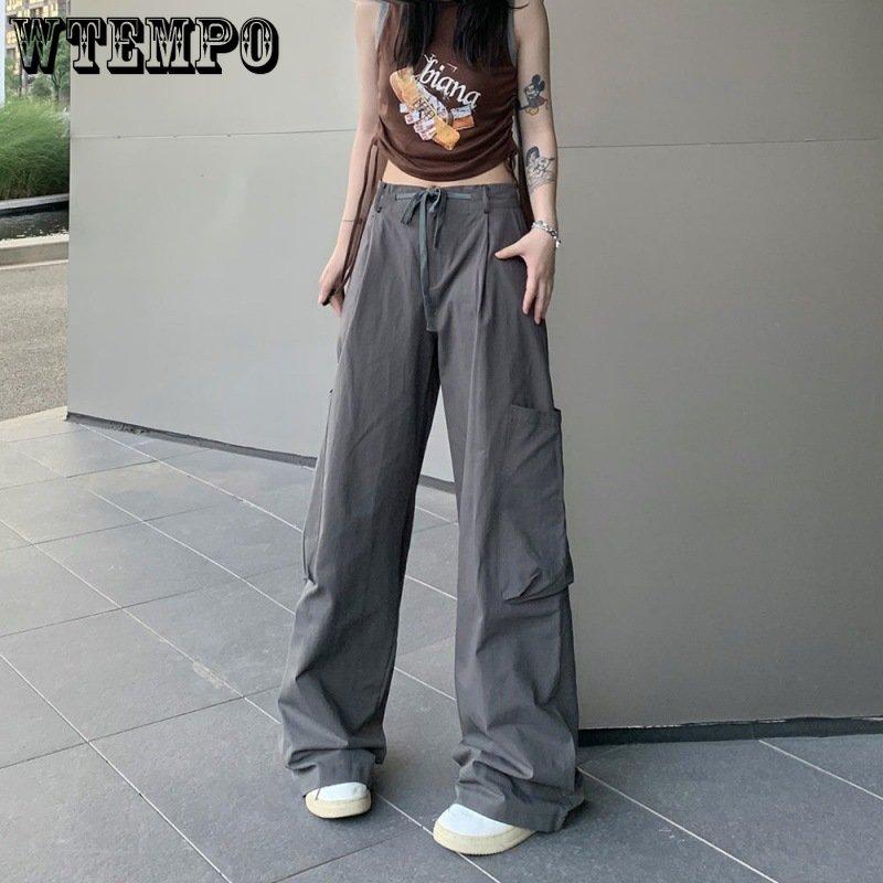 WTEMPO Women's Straight Cargo Pants High Waist American Streetwear Vintage Pants Chic Design Casual Ladies Wide Leg Cargo Trousers