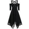 Women Fashion Solid Color Punk Plus Size Lace Spaghetti Strap Long Sleeve Gothic Dress