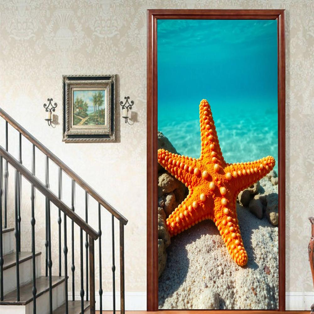 1pcs Porch Beach Scenery Shell Vinyl Door Sticker For Bedroom Home Decor Self Adhesive Removable Wall Decal Door Renovation Waterproof Poster