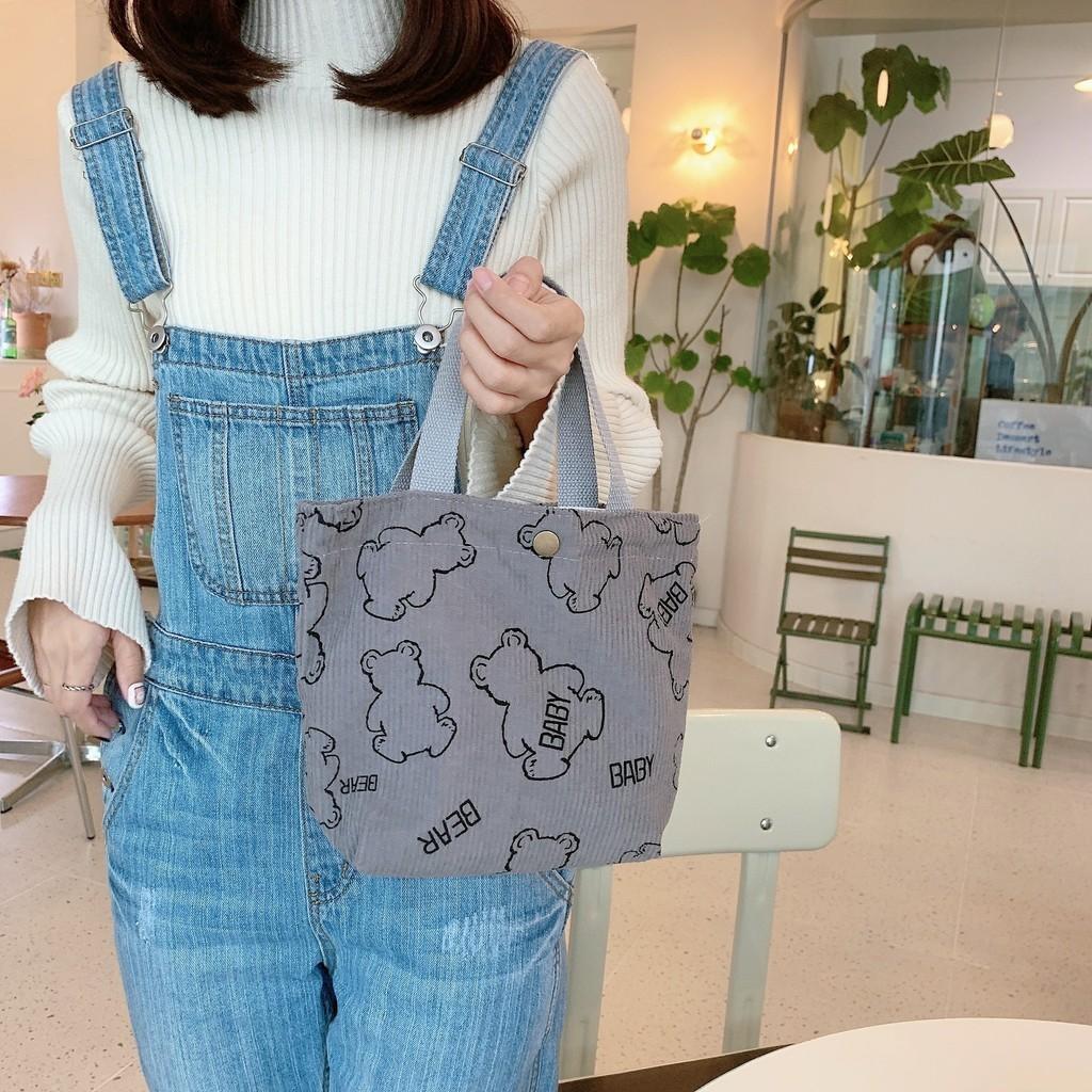 Vintage Baby Bear Corduroy Lunch Tote Bag Portable Large Capacity Storage Bag