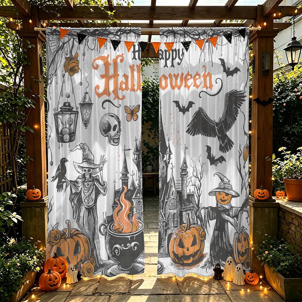 2Pcs Vintage Halloween Castle Pumpkin Scarecrow Bat Rod Pocket Curtains Double Panel Window Curtain Bedroom Living Room Hallo