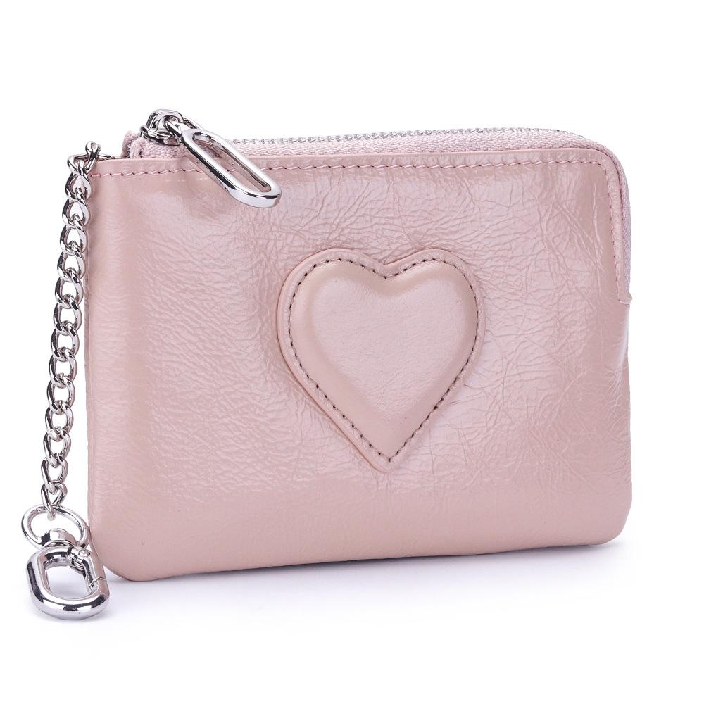 Women's Leather Coin Purse with KeyChain Small Zipper Heart pattern Change Pouch for Women Wallet Hanging Buckle Coin holders