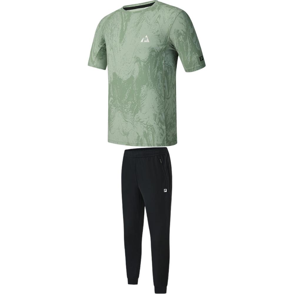 Fila Athletics Round Neck Knitted Short Sleeve T-Shirt Breathable Cuffed Long Pants Casual Sports Set Men Sets A11M527103F+-A11M321615B