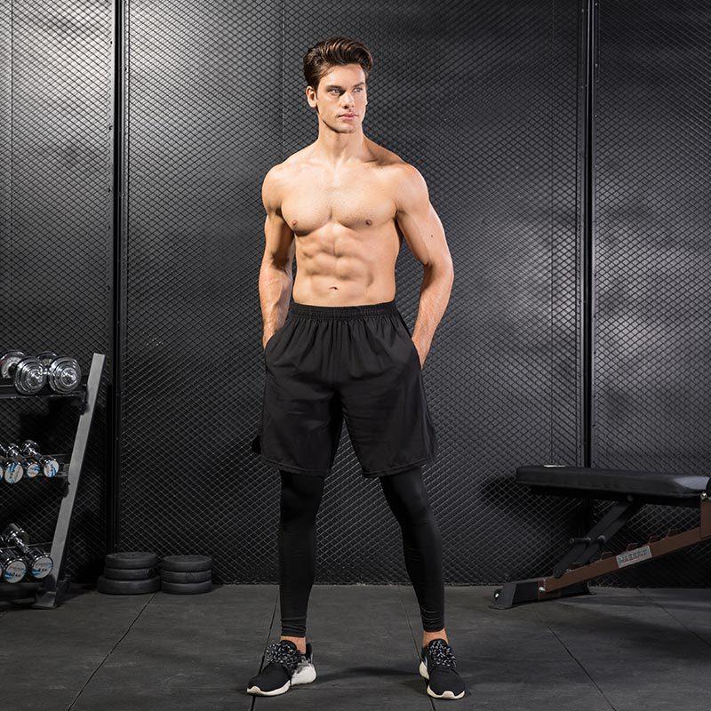 Men's Tight Pants Fake Two Piece Fitness Active Pants & Tights Exercise Running Training Casual Elastic Speed Drying Pants 7010