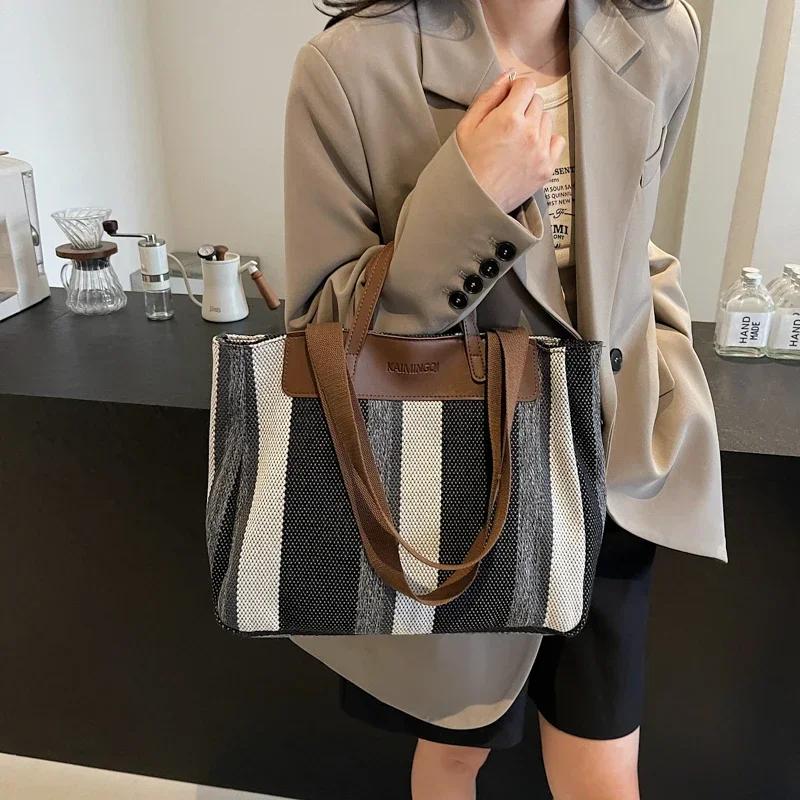 Borse Dolci a Strisce in Tela ad Alta Capacità per Donna  Borsa da Lavoro Standard a Contrasto di Colore alla Moda  Nuove Borse a Spalla Versatili