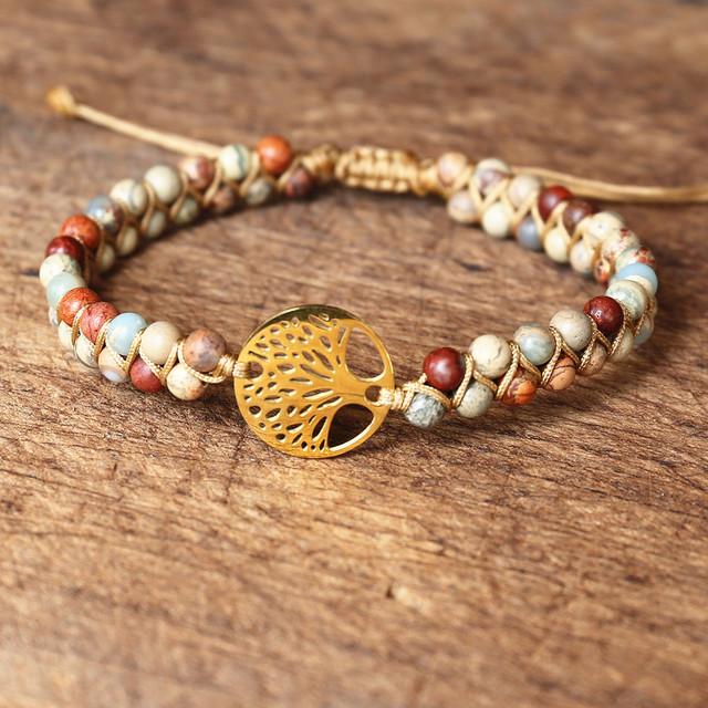 Handmade Natural African Stone Beaded Boho Yoga Wrap Bracelet &Bangle Stainless Steel Tree Of Life Braided Charm Bracelet