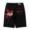 Unisex Streetwear Mens Womens Jeans Hip Hop Demon Devil Pattern Embroidered Trousers Harajuku Casual Straight Baggy Jeans Shorts